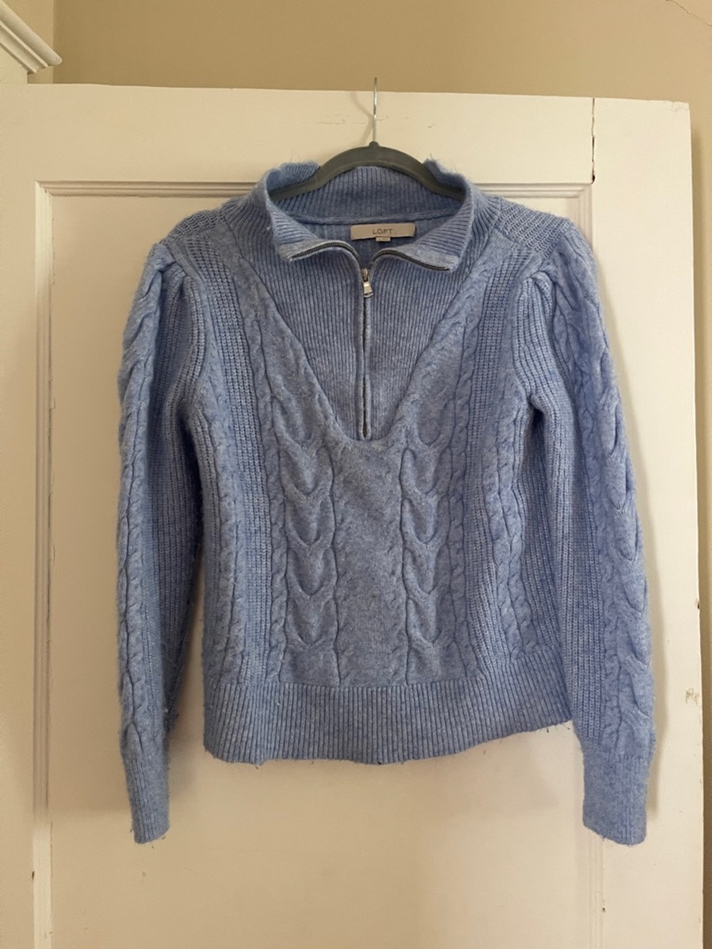 LOFT Pale Blue Cable-Knit Half-Zip Mock Neck Sweater